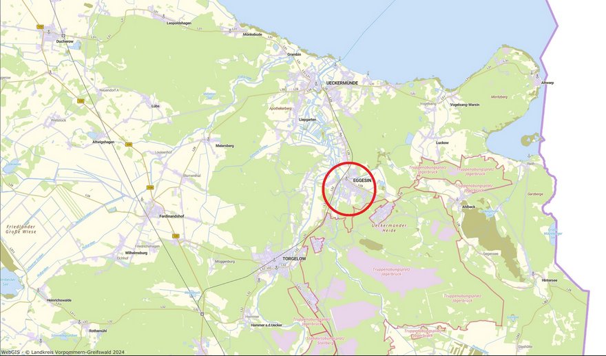 zeigt Übersichtsplan mit Lage der Stadt Eggesin in der Region